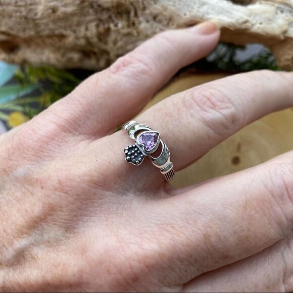 Sterling Silver Claddagh Pink Ice Cz Ring Size 8,9 - Picture 1 of 4